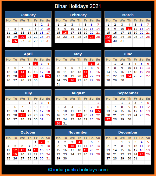 Bihar Holiday Calendar 2021